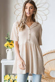 ET7057-10 HOODIE SOLID WAFFLE BABYDOLL TOP WITH BUTTON: LILAC / 2-2-2 (S-M-L)