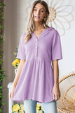 ET7057-10 HOODIE SOLID WAFFLE BABYDOLL TOP WITH BUTTON: LILAC / 2-2-2 (S-M-L)