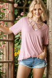 Short Sleeve Crisscross Neckline Shirt
