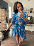 Blue floral wrap hi lo dress