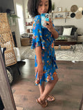 Blue floral wrap hi lo dress