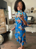 Blue floral wrap hi lo dress